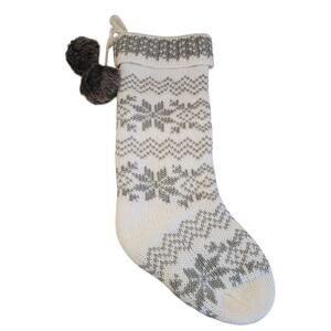 Wondershop Sweater Knit Stocking Silver Accents Gray White Snowflake Pom Poms